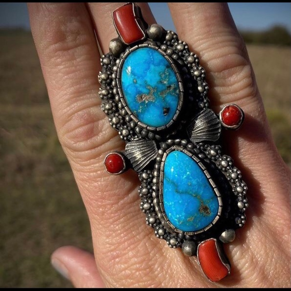 Sold💝Large turquoise & coral ring Sz 9 sterling silver signed